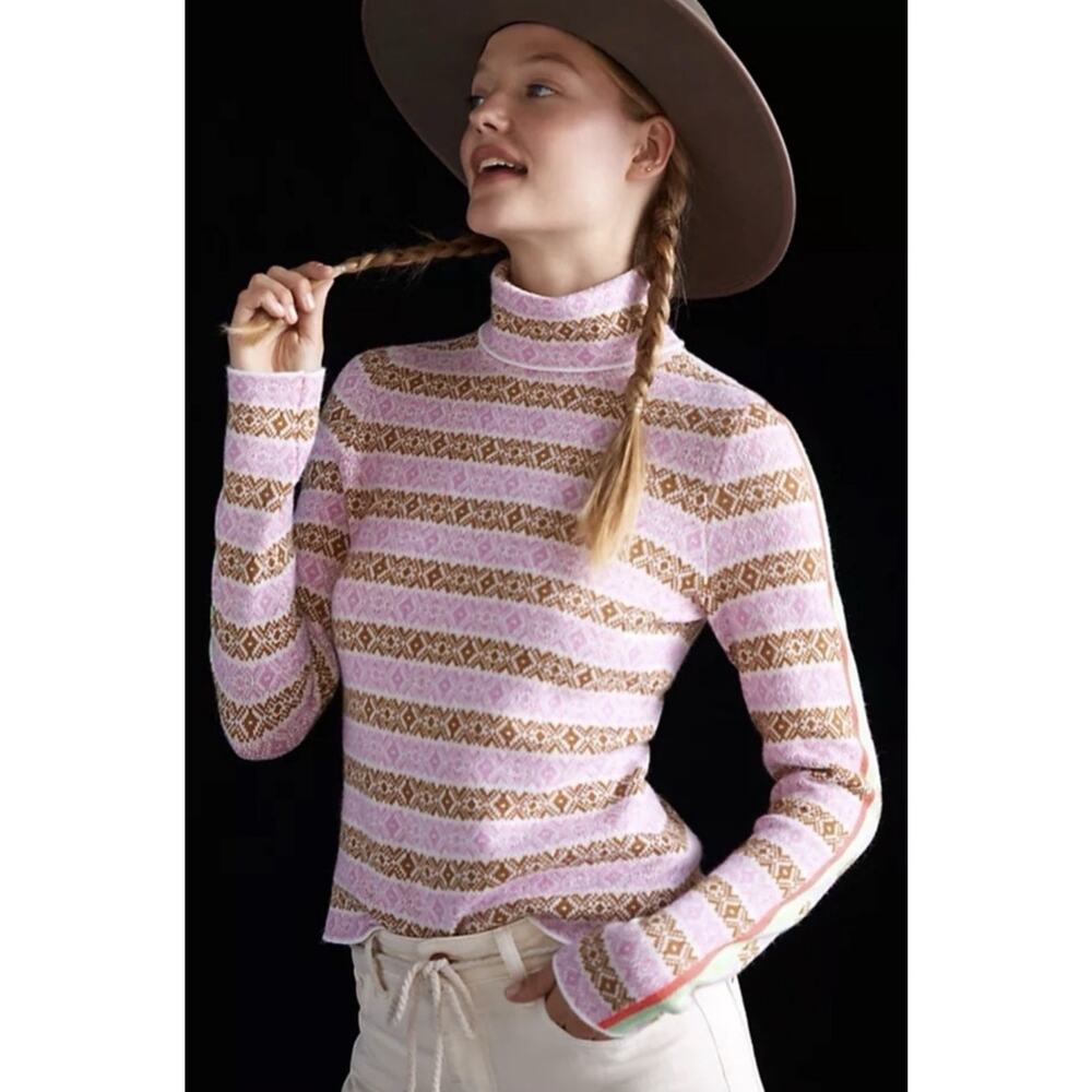 Anthropologie Maeve Women's Pink Ski Slope Fair Isle Turtleneck Sweater - Size S
